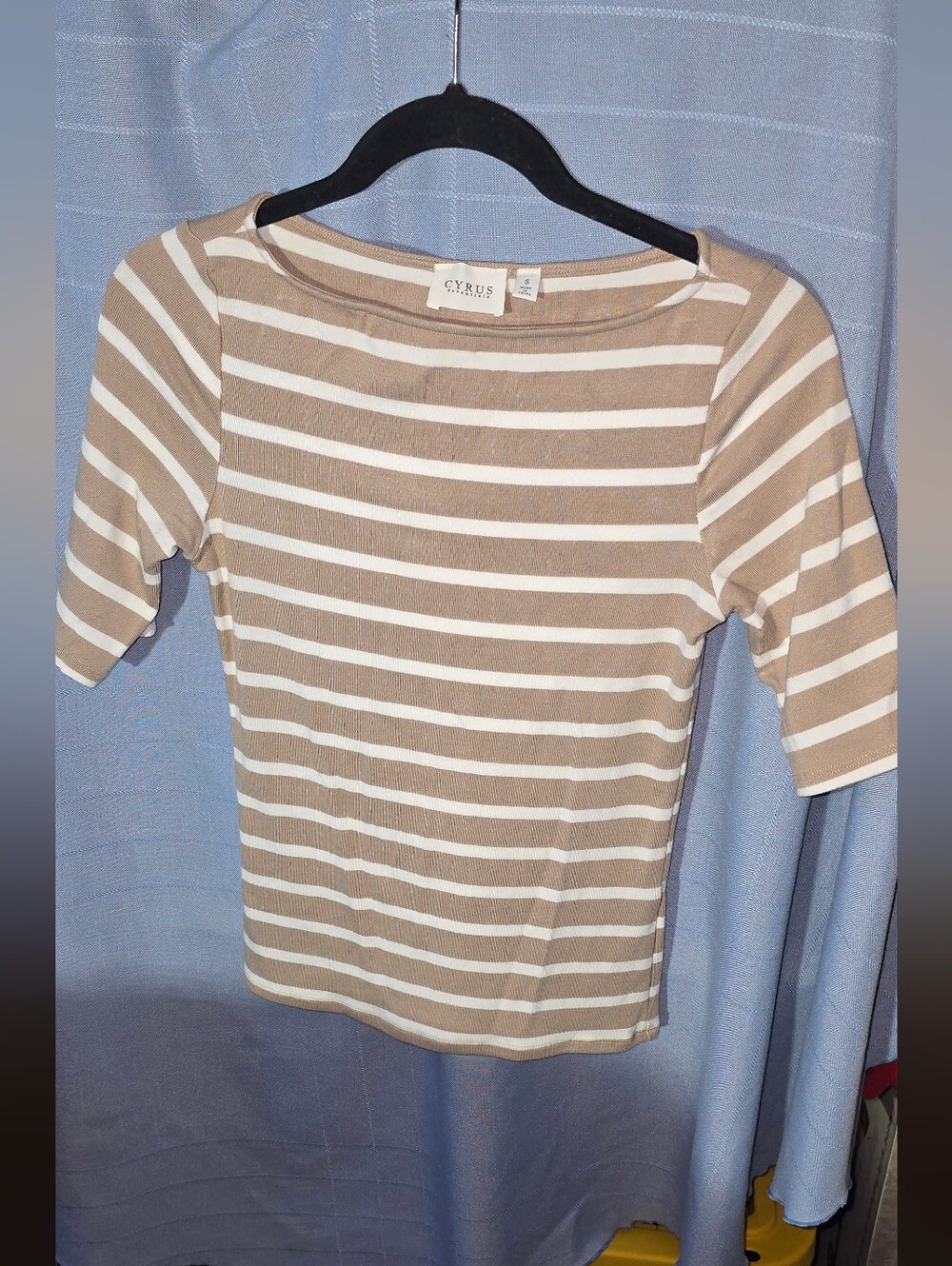 Cyrus Beige and White Striped Boatneck Short Sleeve Top - Picture 1 of 4